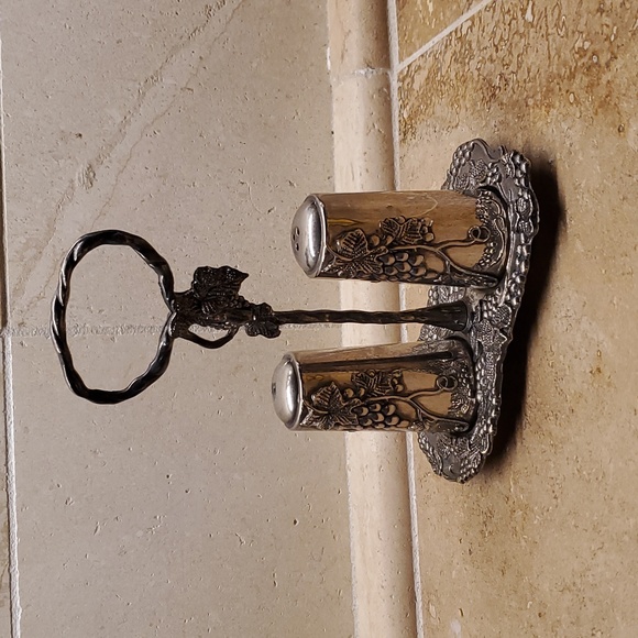 Other - 50s silver-plated salt pepper S&P in carrier holder grapevine patteen